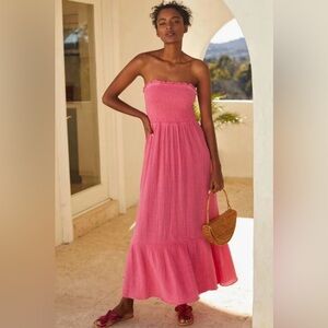 Anthropologie Marisol Smocked Crinkle Gauze Pink Strapless Maxi Dress size M